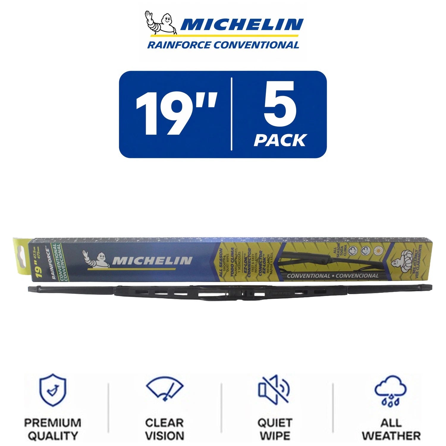 Set of 5 Michelin RainForce Wiper Blades 19" for Universal Fit (All-Season)