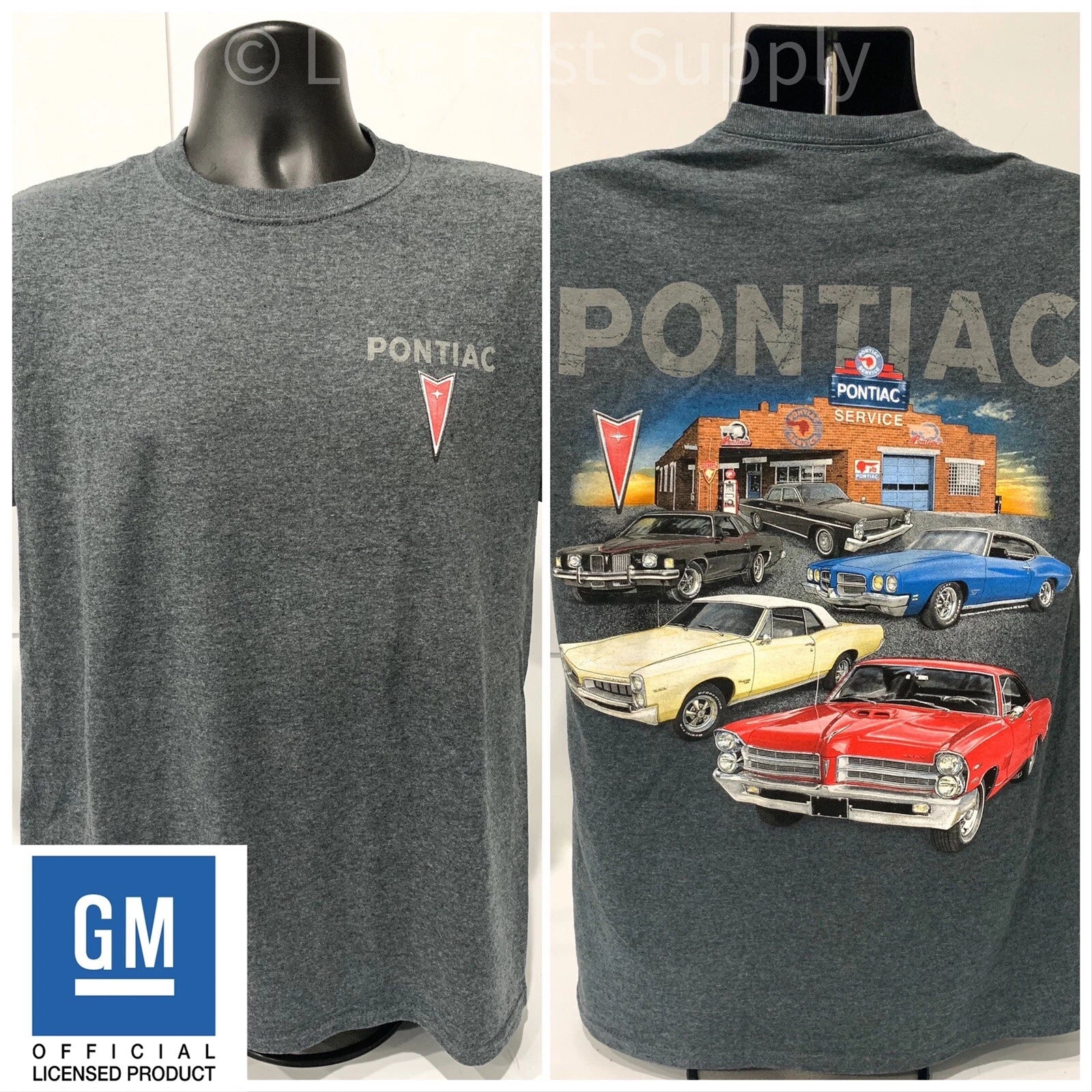 Licensed Pontiac T-Shirt Gray with Multiple Cars Service Station Scene (2000–2006)