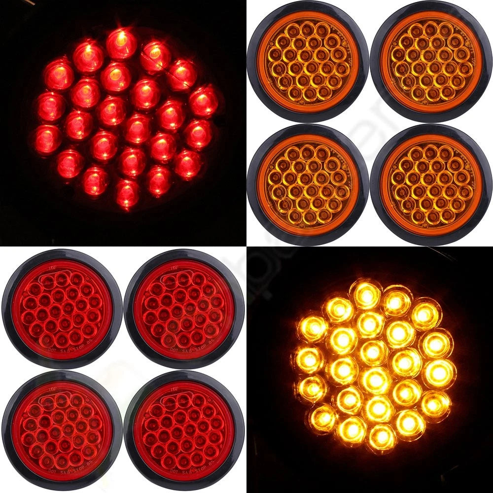 8pcs 4" 24 LED Side Marker Trailer Clearance Tail Lamps Round Red Amber