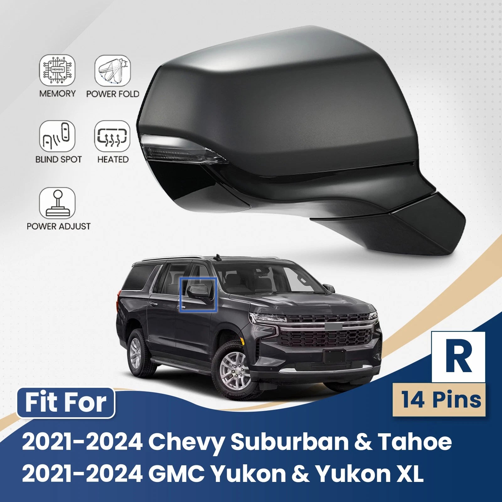 Side Mirror for Chevy Suburban Tahoe GMC Yukon (2021–2024) Right w/BSD 14 Pins