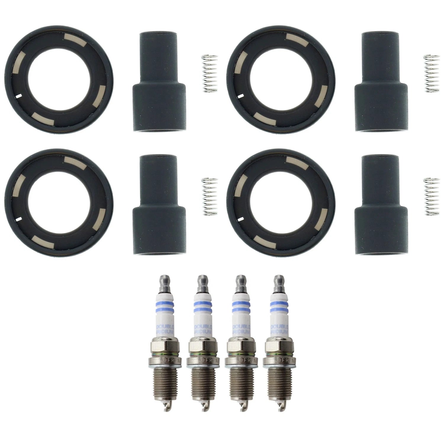 Set of 4 Bosch Double Iridium Spark Plugs & Denso Ignition Coil Boot Kit for Camry