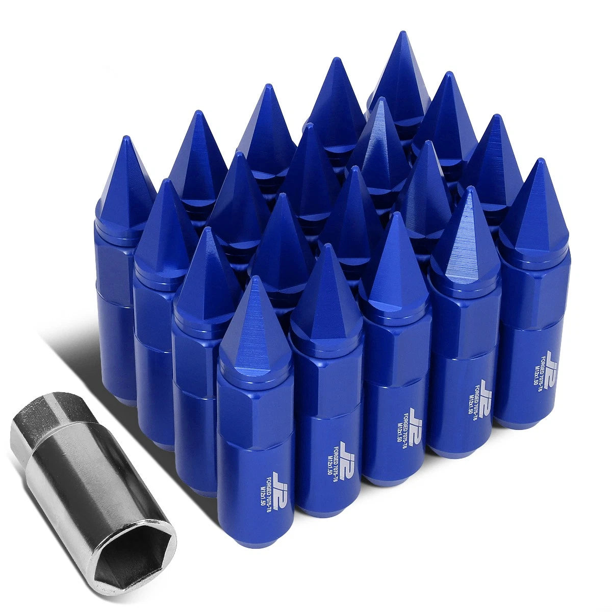 Set of 20 J2 7075 Forged Aluminum M12x1.5 Spiky Cap Lug Nuts w/Adapter Blue