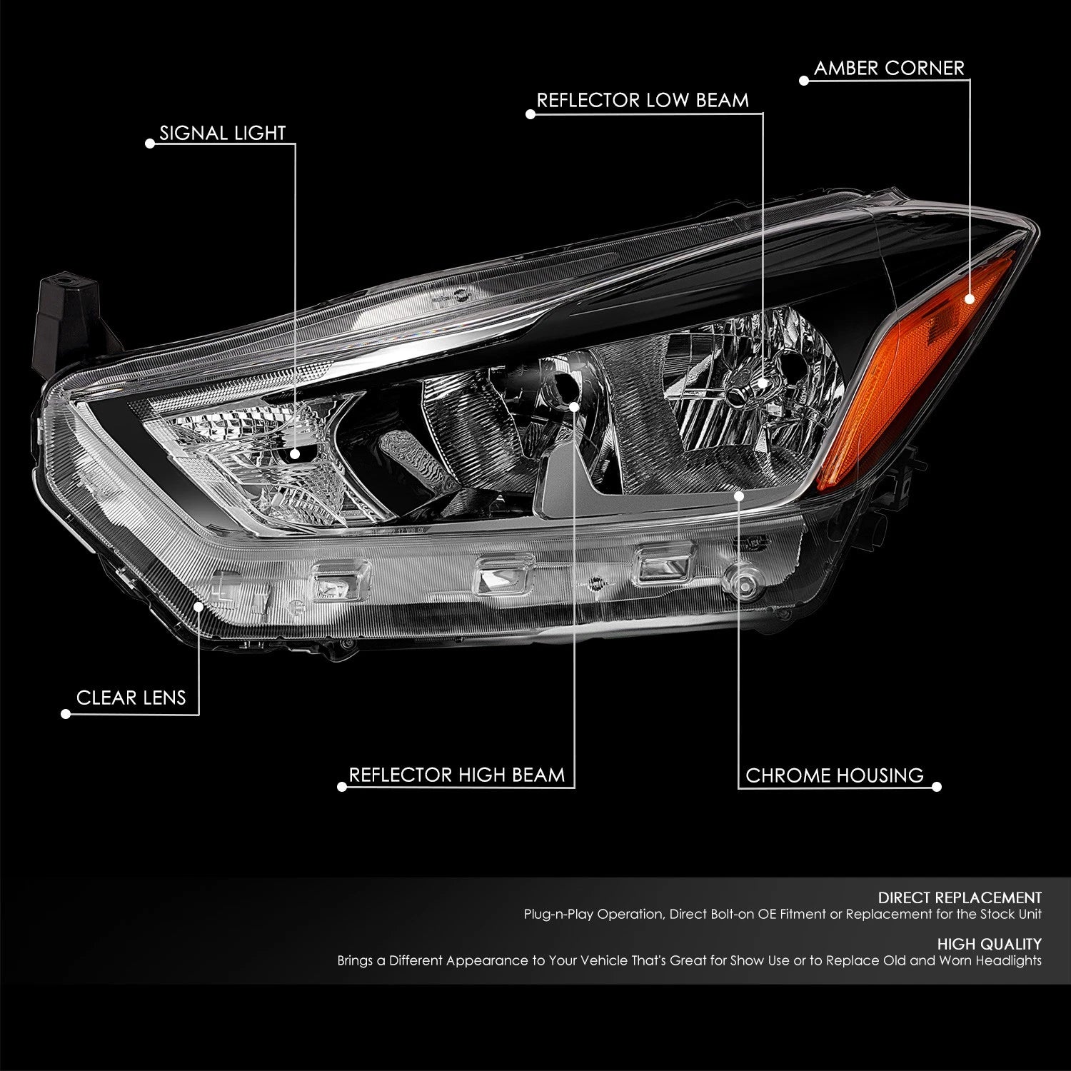 Driver Left Chrome Housing Amber Corner Headlight Lamp for Nissan Kicks (2018–2020)