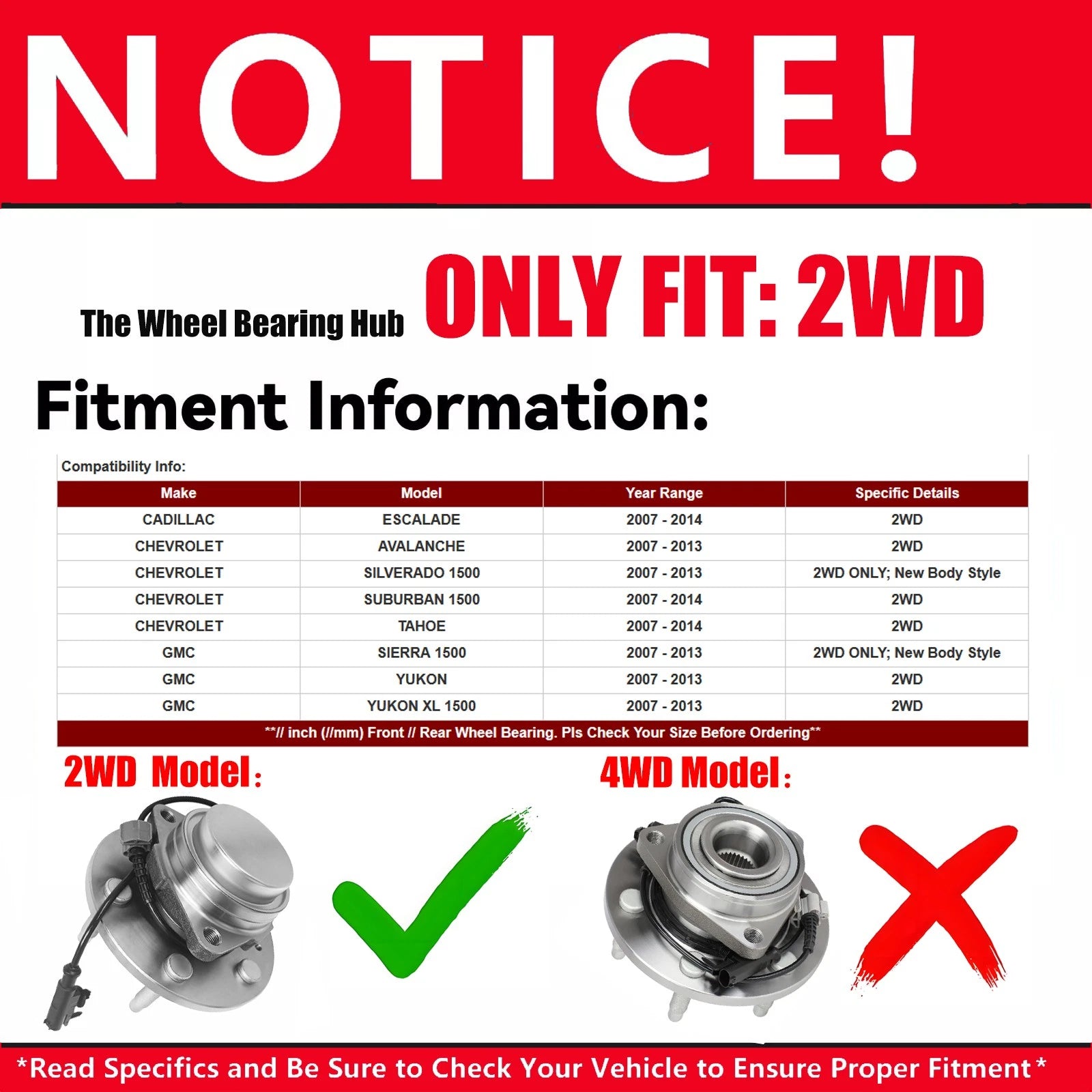 2X Front Wheel Hub & Bearing for Chevrolet Avalanche, Silverado 1500, GMC Yukon (2002–2013)