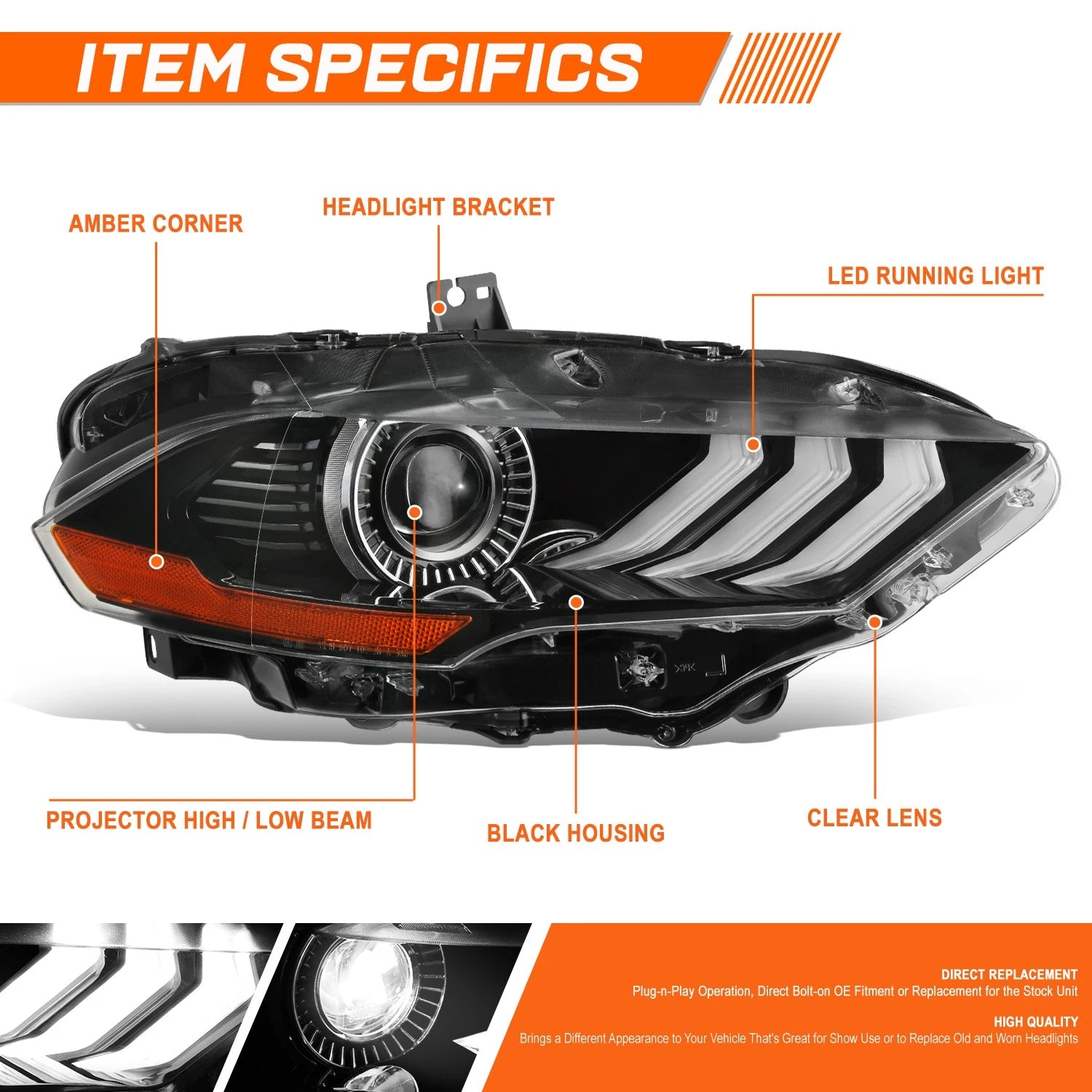 HID Projector Headlight Lamp for Ford Mustang (2018–2022)