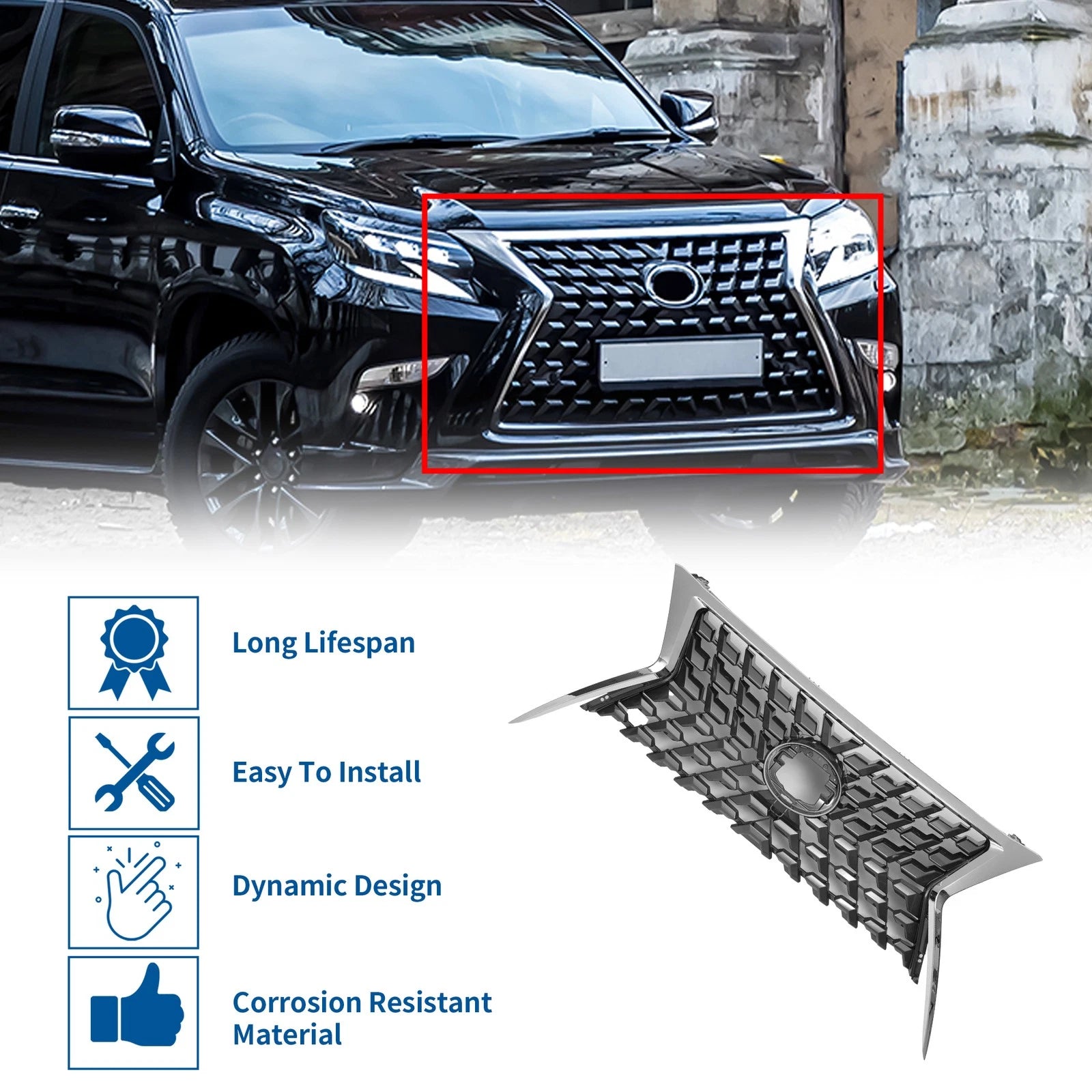 Front Upper Hood Grille for Lexus GX460 (2014–2022) Chrome Silver Tone