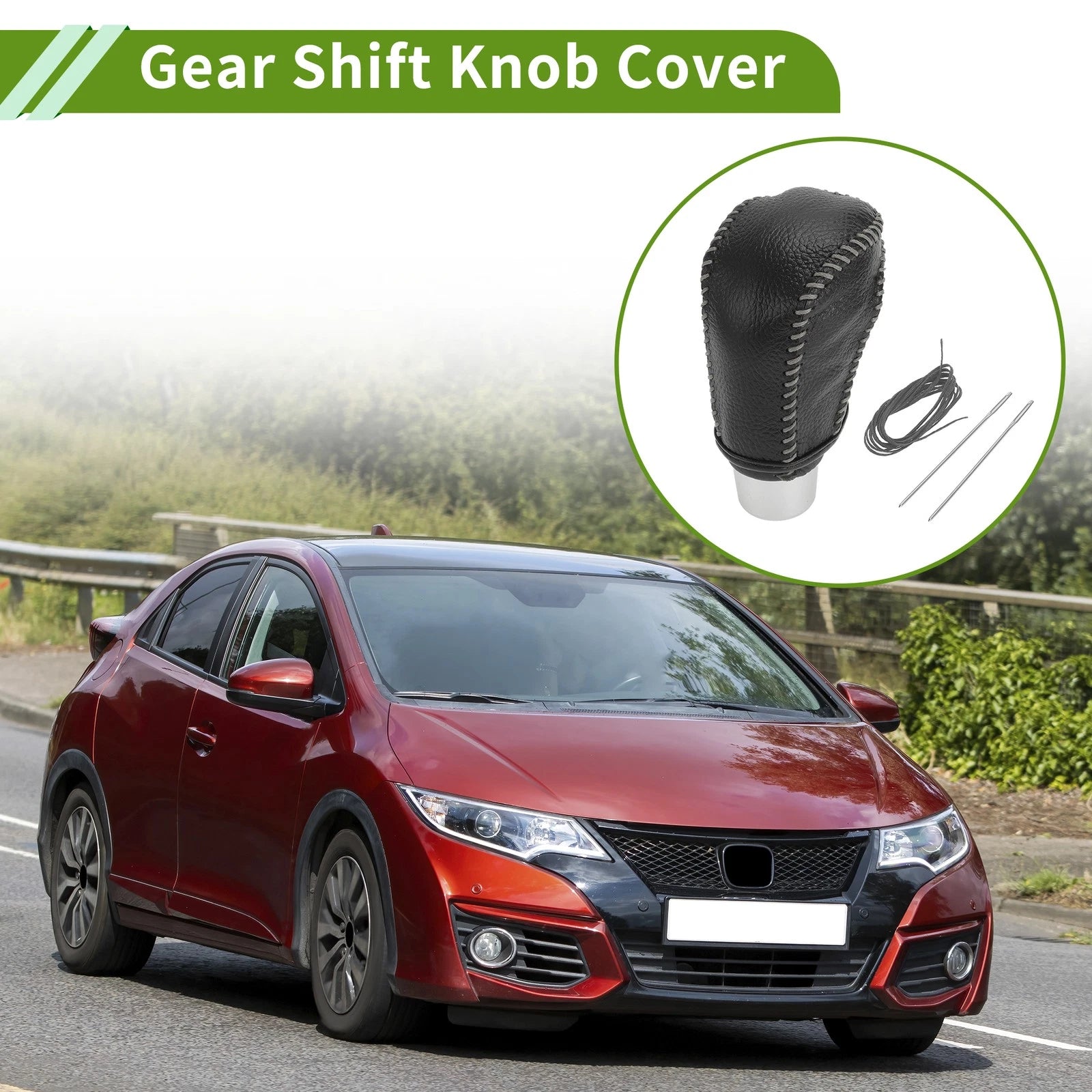 Gear Shift Knob Cover for Honda Civic (2016–2021) Pebbled Black Grey Leather
