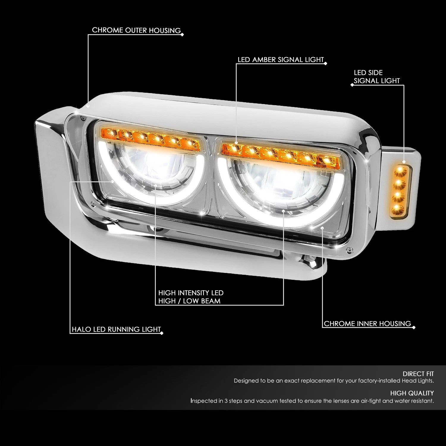 LED Halo Ring DRL Side Signal Headlights Chrome for Peterbilt 359 379 389 (1981–2021)