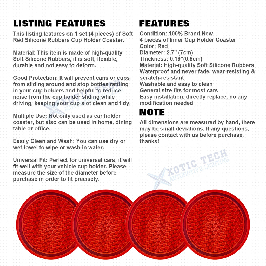 4-Piece Red Non-Slip Cup Coasters for Car (Universal, Embedded) (Set)