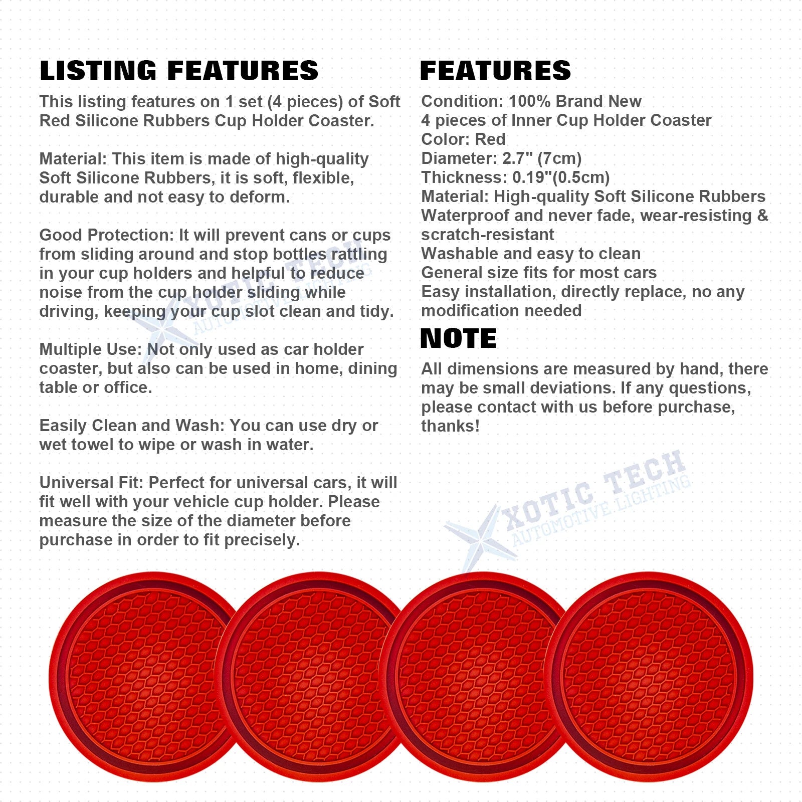 4-Piece Red Non-Slip Cup Coasters for Car (Universal, Embedded) (Set)