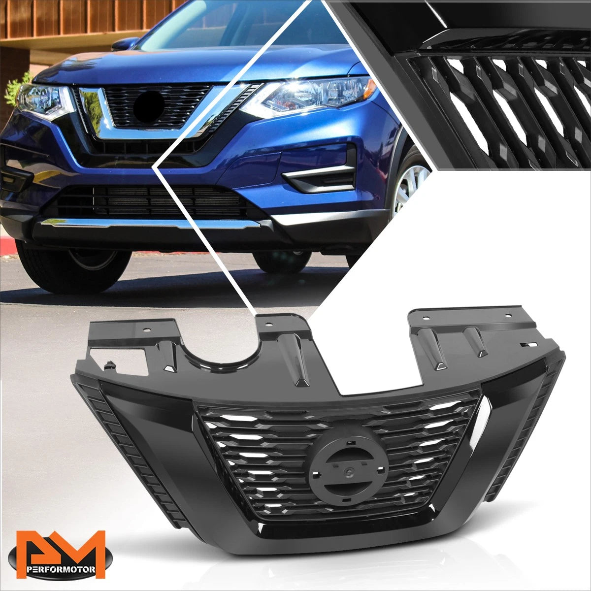 Front Hood Grille for Nissan Rogue SV (2017) w/Badge Slot, Black Trim