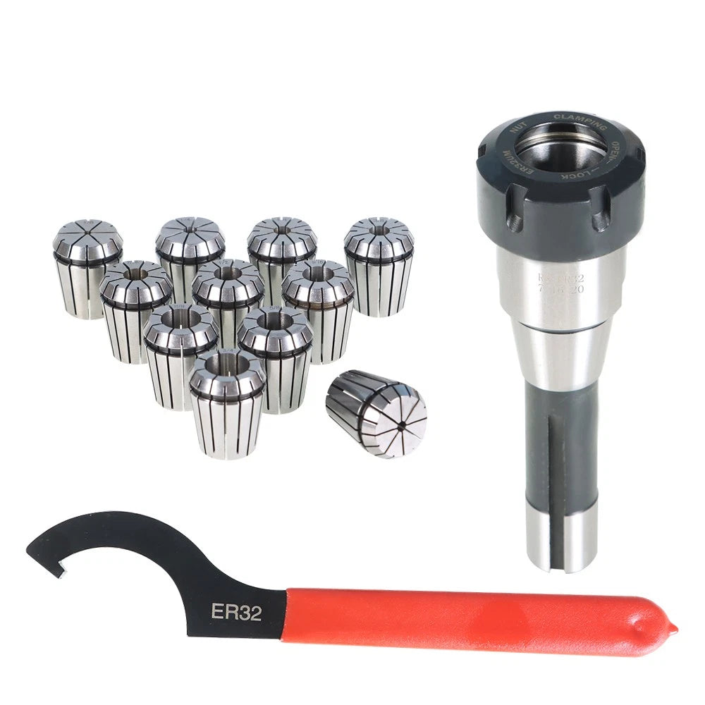 11PC ER32 Collet Set with Shank & Spanner for Milling Machine R8