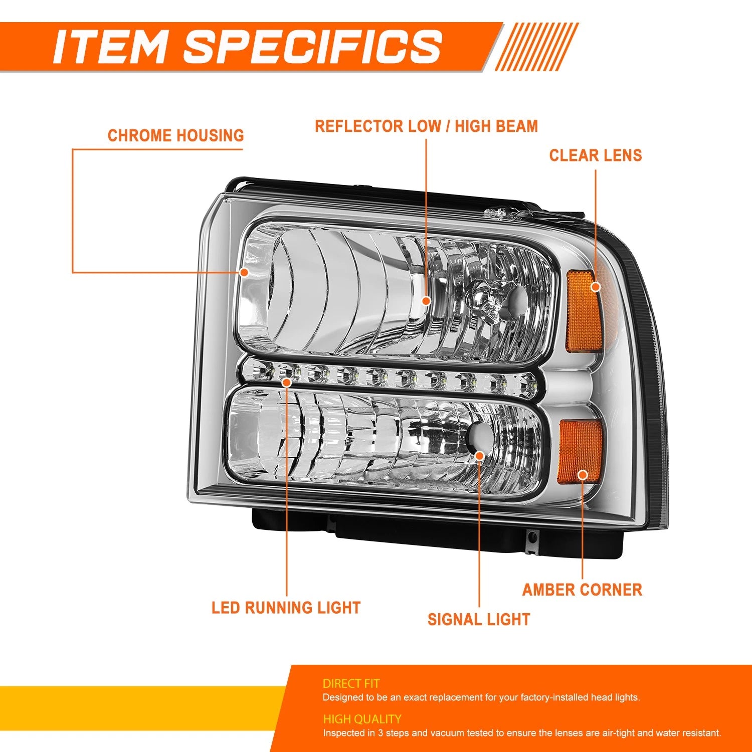LED DRL Headlight Chrome Housing Amber Corner Lamps for Ford Super Duty (2005–2007)