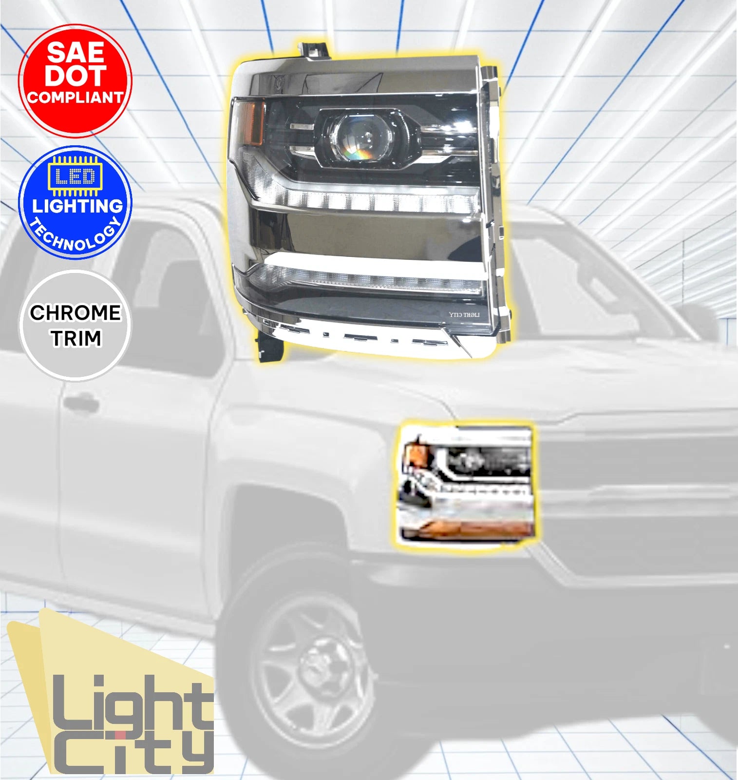 LED Headlight for Chevy Silverado 1500 (2016–2018) w/ LED Module, Chrome Bezel