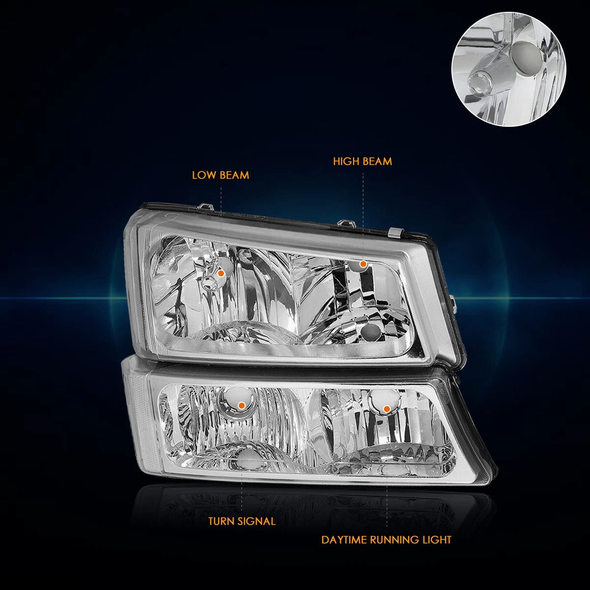 Bumper Headlight Lamps Clear Corner Chrome for Chevy Silverado/Avalanche (2003–2006)