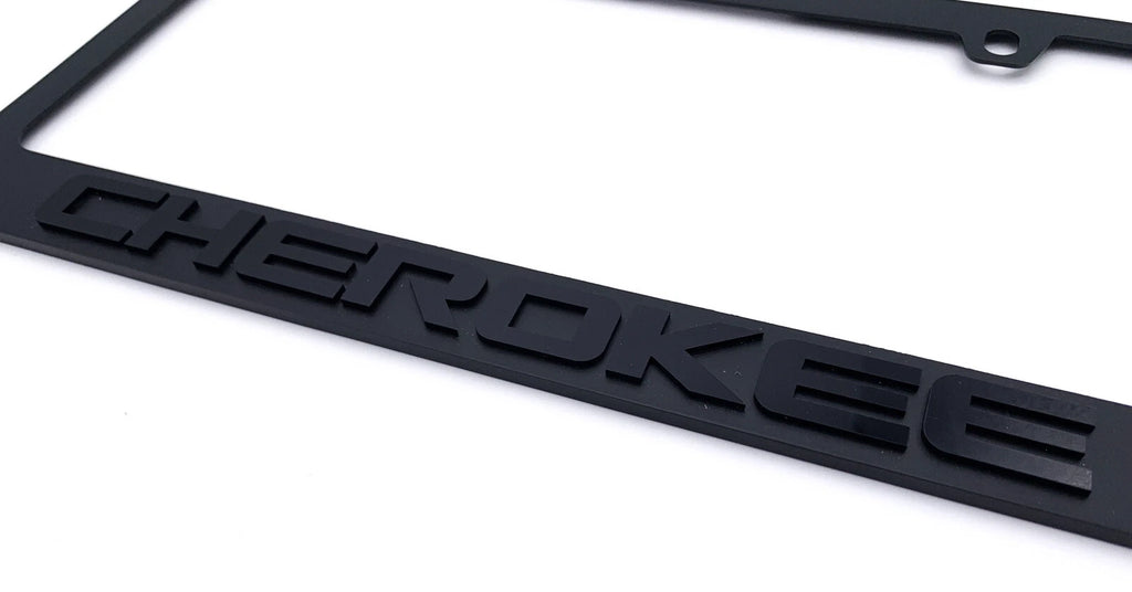 Matte Black License Plate Frame with Jeep Cherokee Script Emblem for Jeep Wrangler (2018–2024)