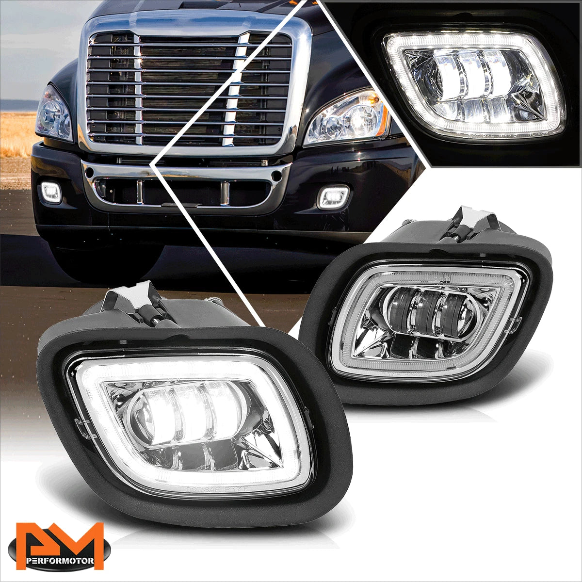 Chrome Housing LED DRL Halo Projector Fog Lights for Freightliner Cascadia (2008–2017)