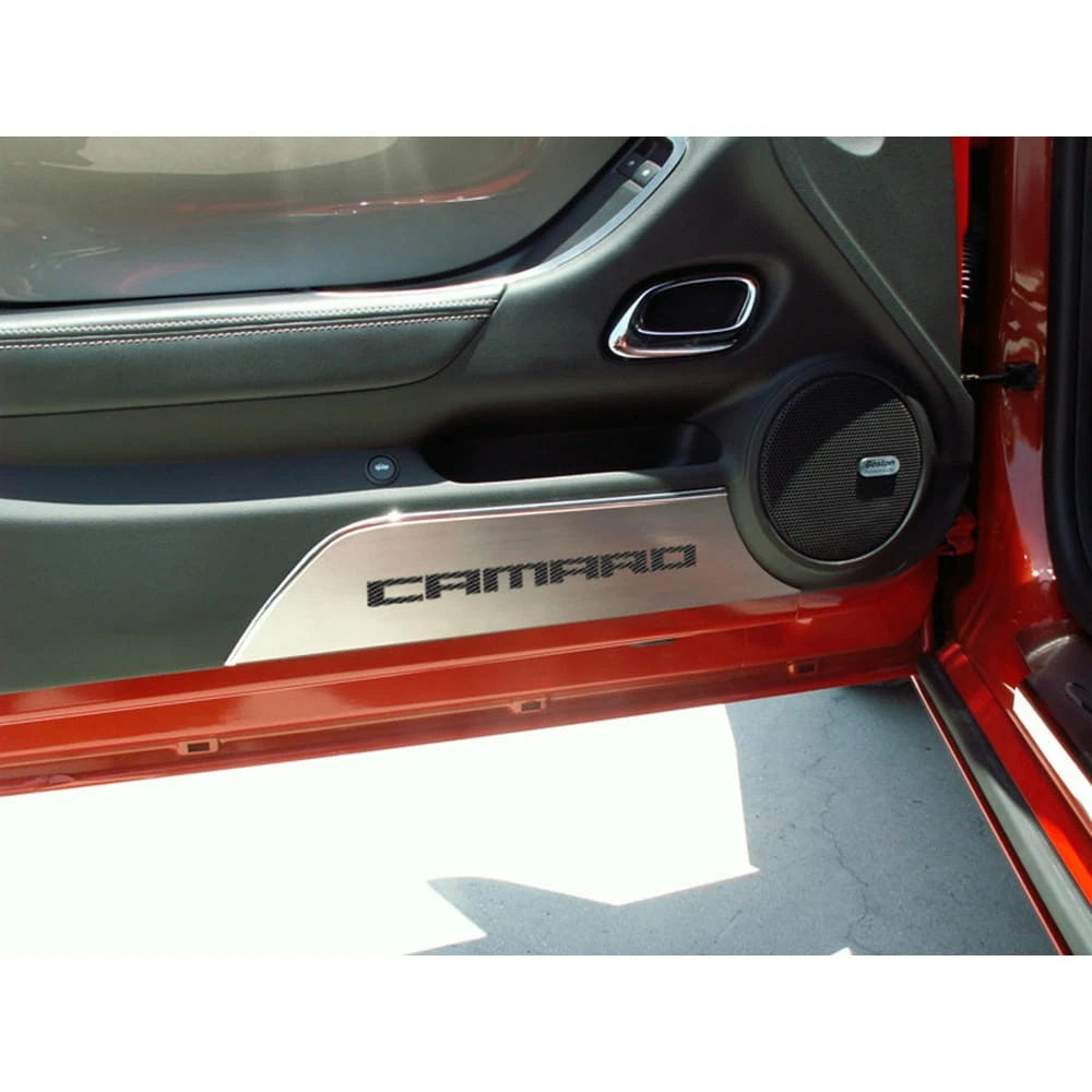 Door Panel Kick Plates w/Black Carbon Fiber 'Camaro' Inlay for 2010-2015 Camaro