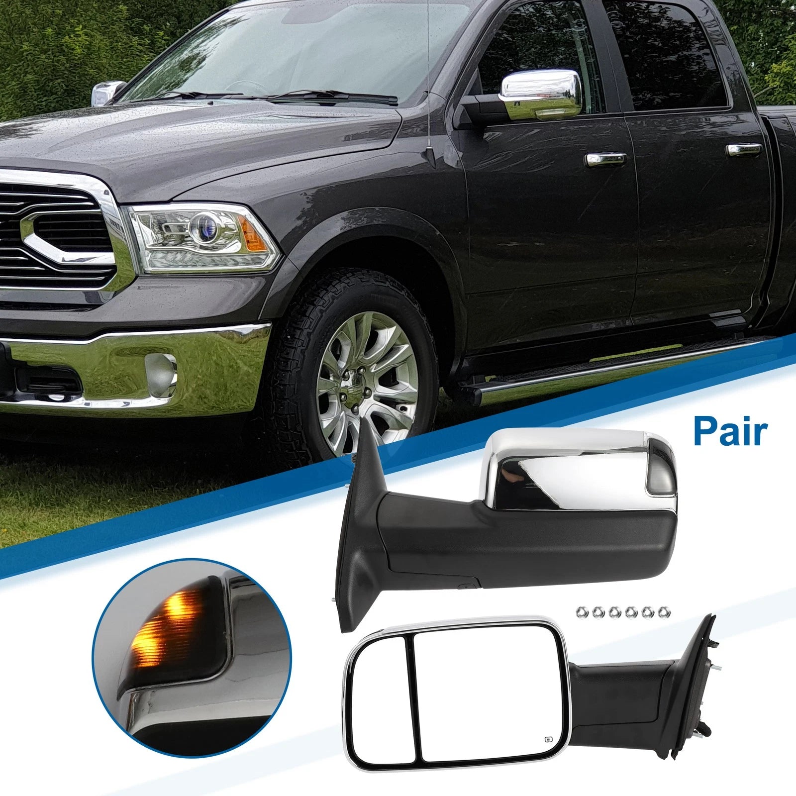 Tow Mirrors for Dodge Ram 1500 2500 (2009–2018) with Lights, Silver Tone, 1 Pair