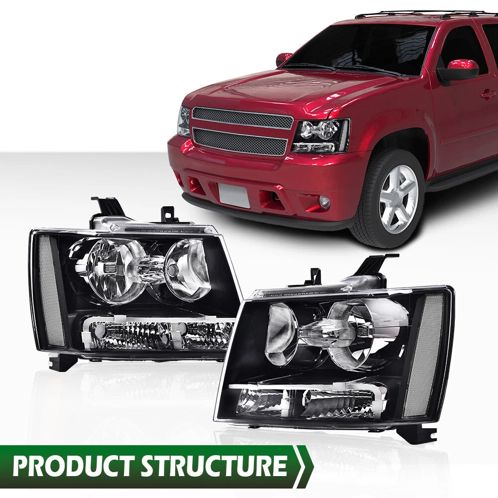 Clear Corner Black Headlights for Chevy Avalanche Tahoe Suburban (2007–2014)