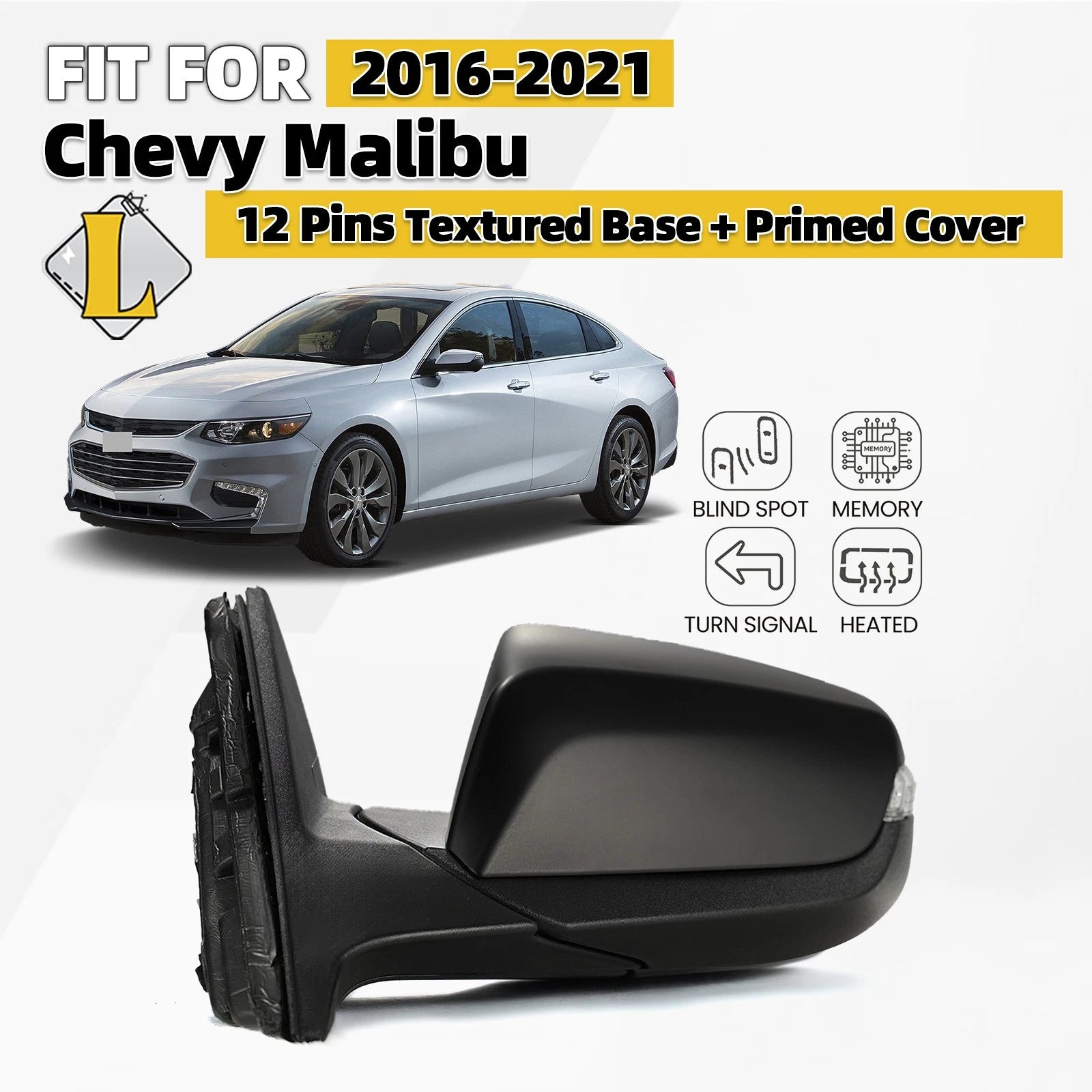 Side Mirror for Chevy Malibu (2016–2021) W/BSD, Turn Signal, Heated, 12 Pins