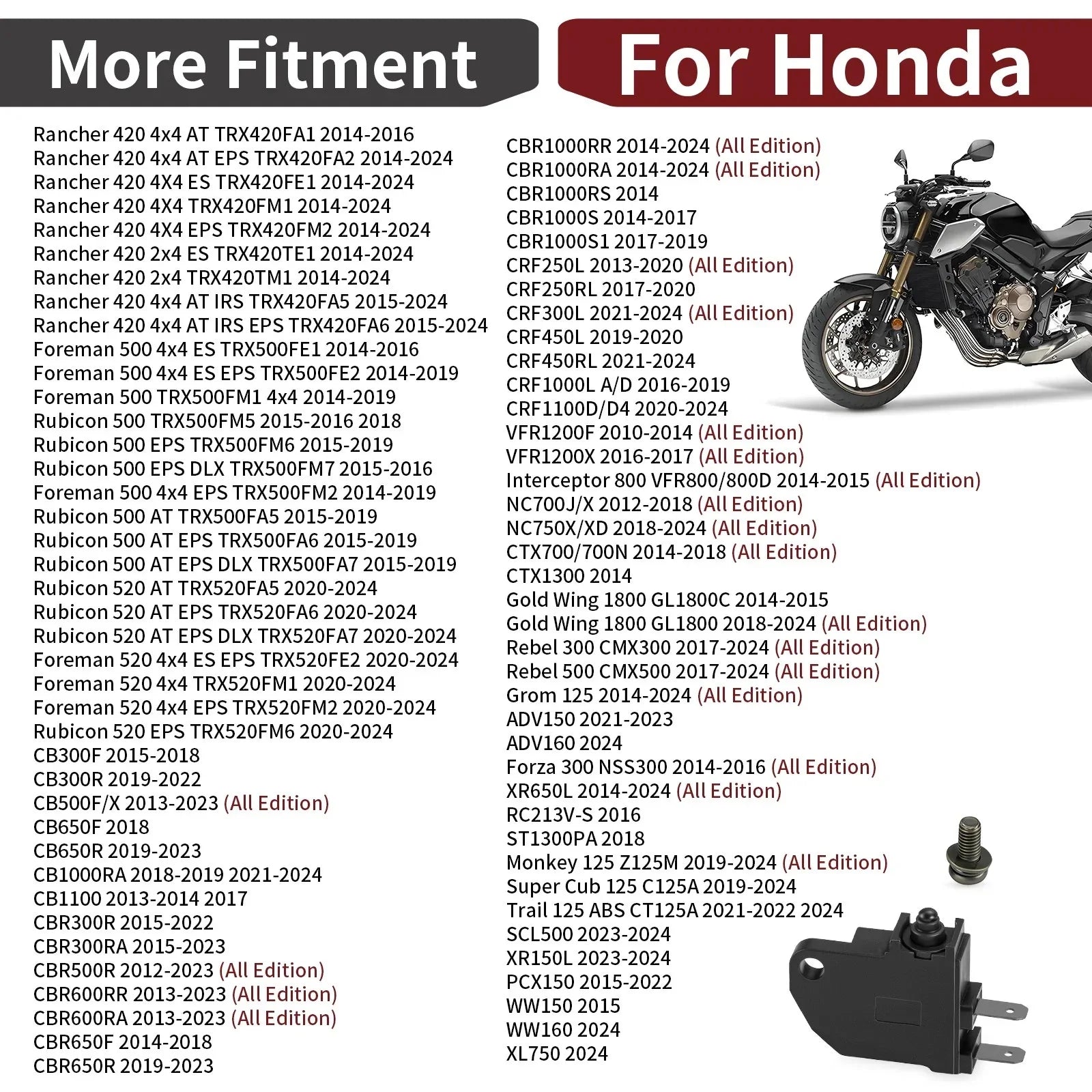 Front Brake Switch for Honda Rancher 420 Foreman 500