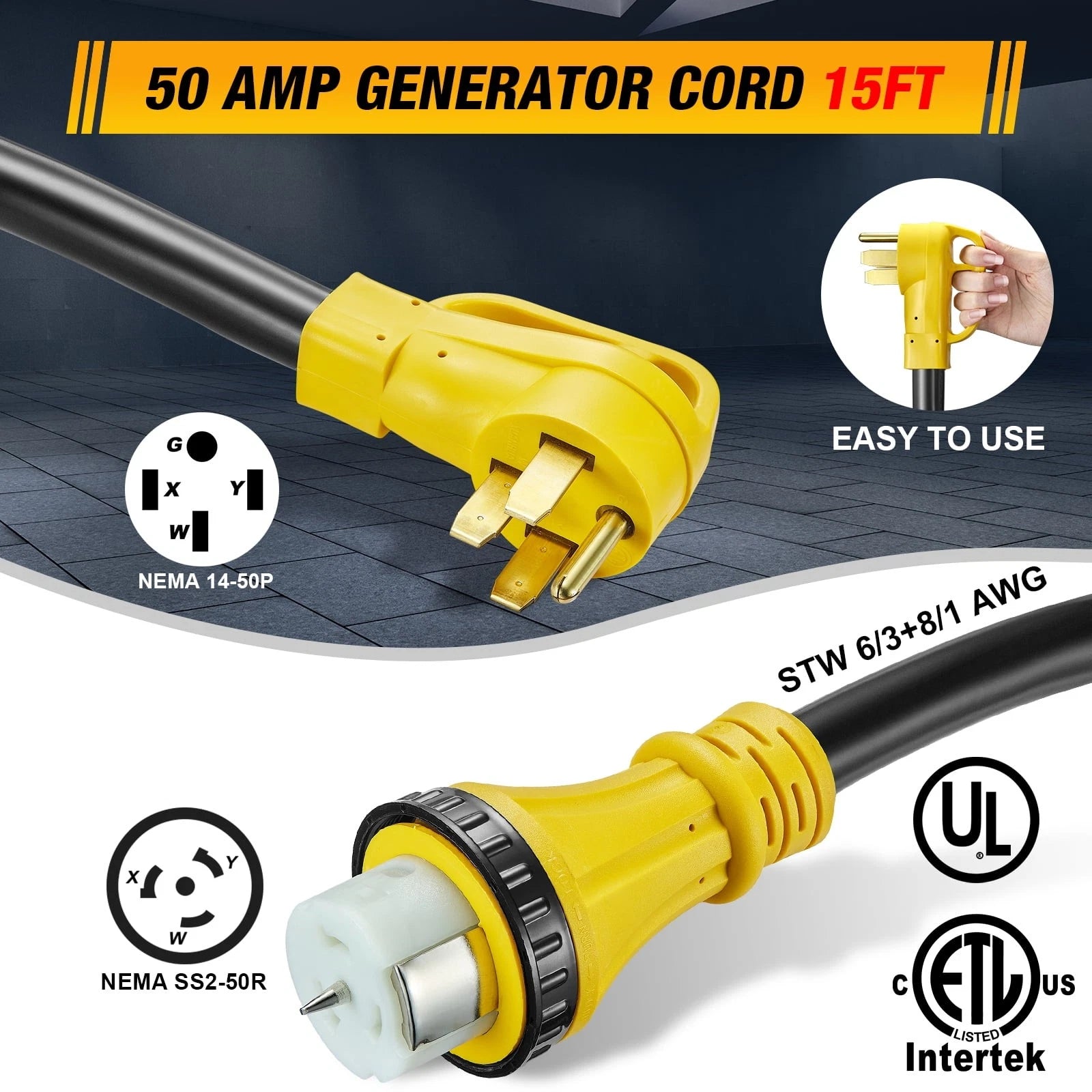 15FT 50A RV Extension Cord with Generator Inlet Box