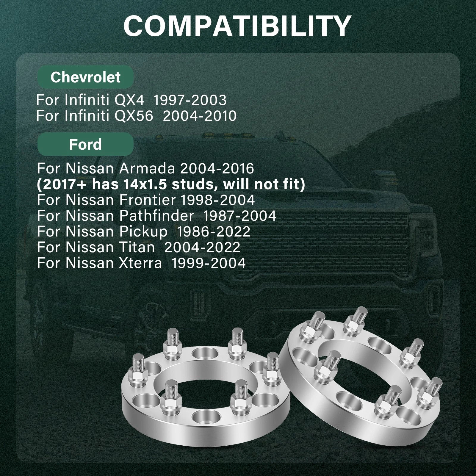 Set of 4 Wheel Spacers 1" Thick 6x5.5 12x1.25 for Nissan Armada (2005–2015)