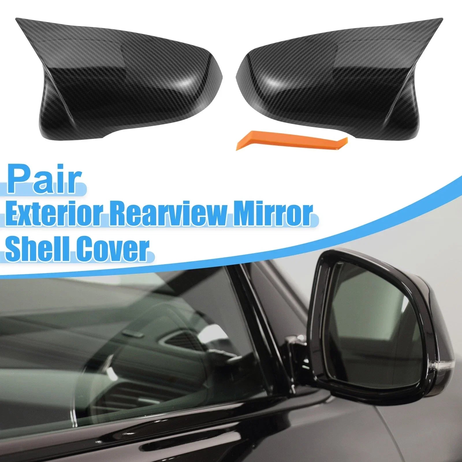 Pair Rear View Mirror Cover Shell for BMW X1 Carbon Fiber Pattern Black