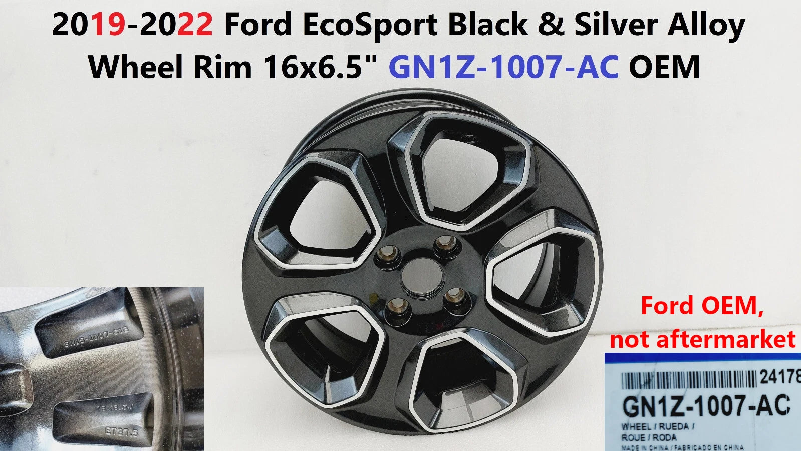 16x6.5" Black & Silver Alloy Wheel Rim for Ford EcoSport (2019–2022) GN1Z-1007-AC