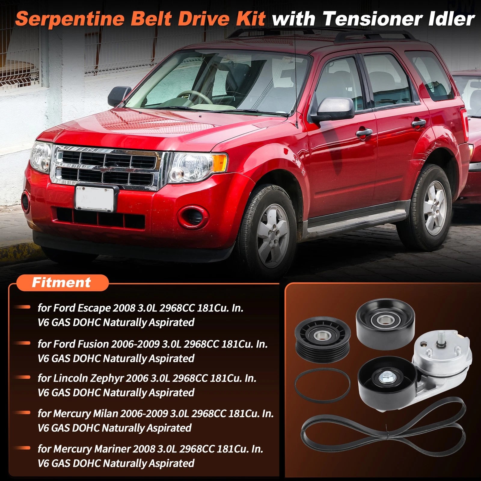 Serpentine Belt Drive Tensioner w/Idler for Ford Fusion (2006–2009) 90K-38279A