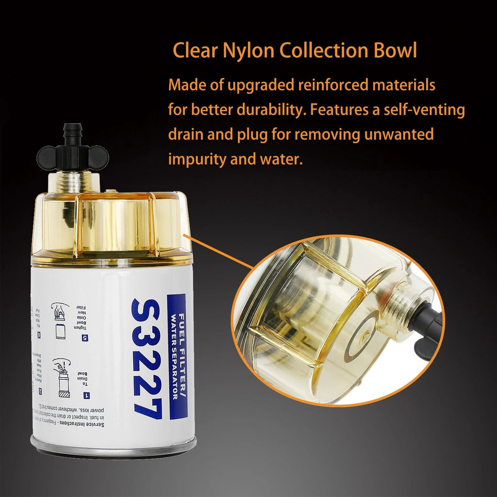 S3227 Fuel Water Separator Filter w/ Clear Bowl for Marine Outboard