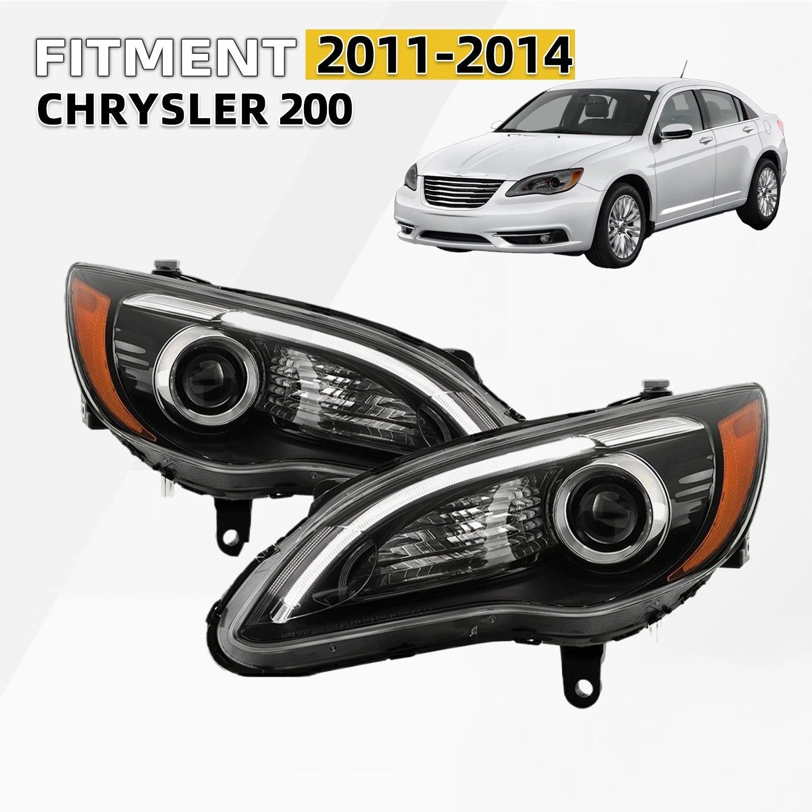 Pair Halogen Headlights for Chrysler 200 (2011–2014) with LED DRL Black