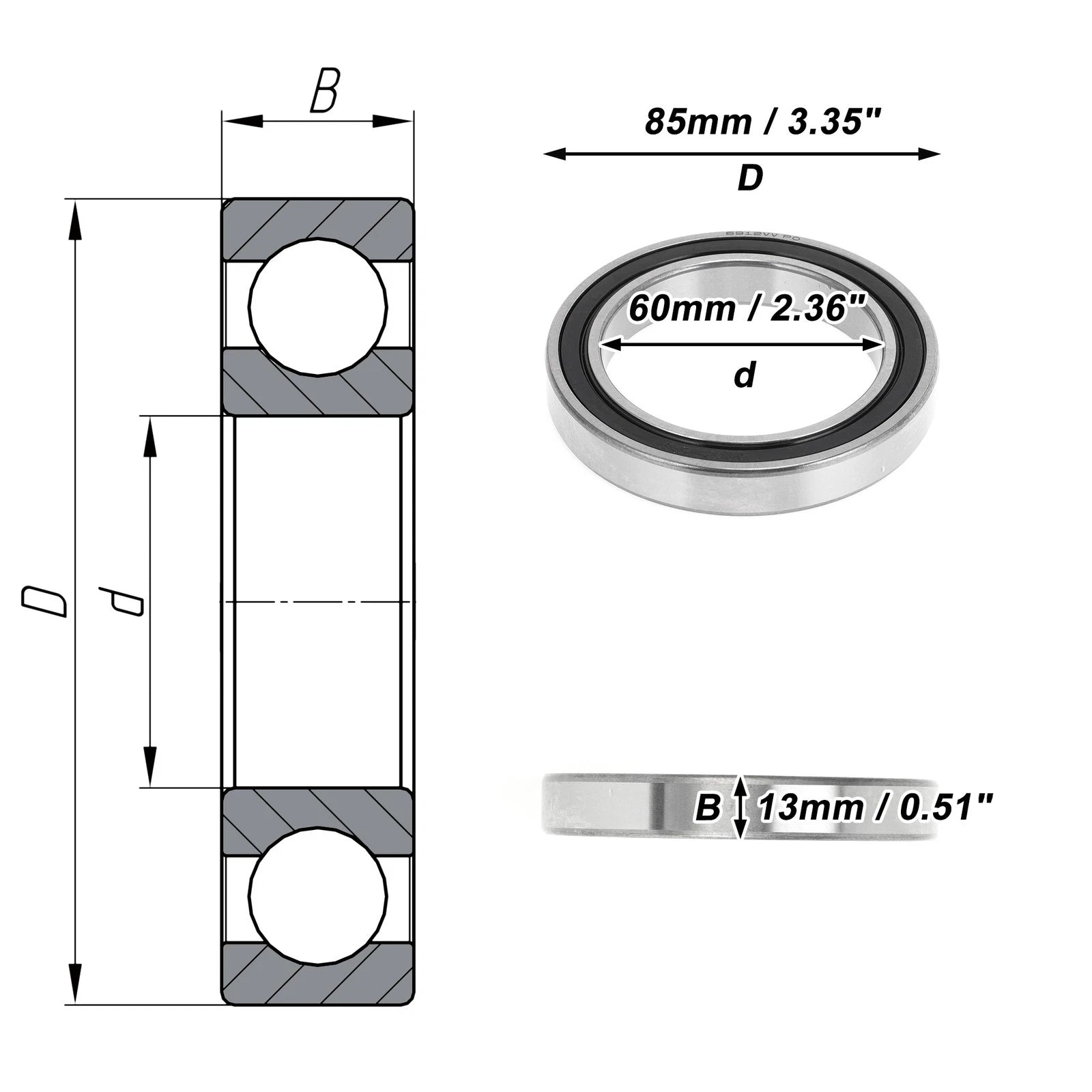 Deep Groove Ball Bearing 6912VV for Scooter Skateboard (60x85x13mm)