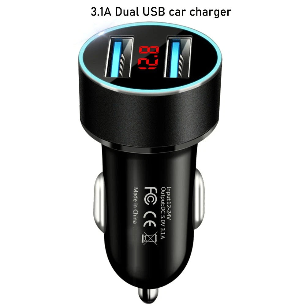 3.1A Dual USB Car Phone Charger for Universal Vehicles (LED Display)