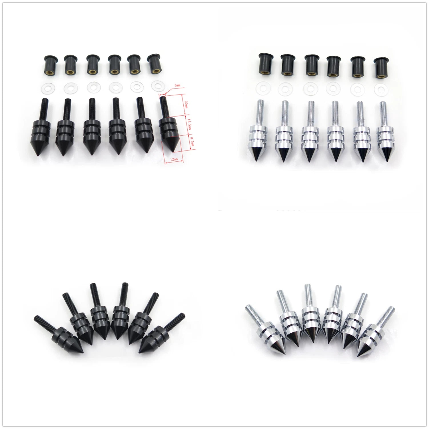 6 pcs Spike Windscreen Bolt Kit for Universal Motorcycles (Aluminum, Black Chrome)