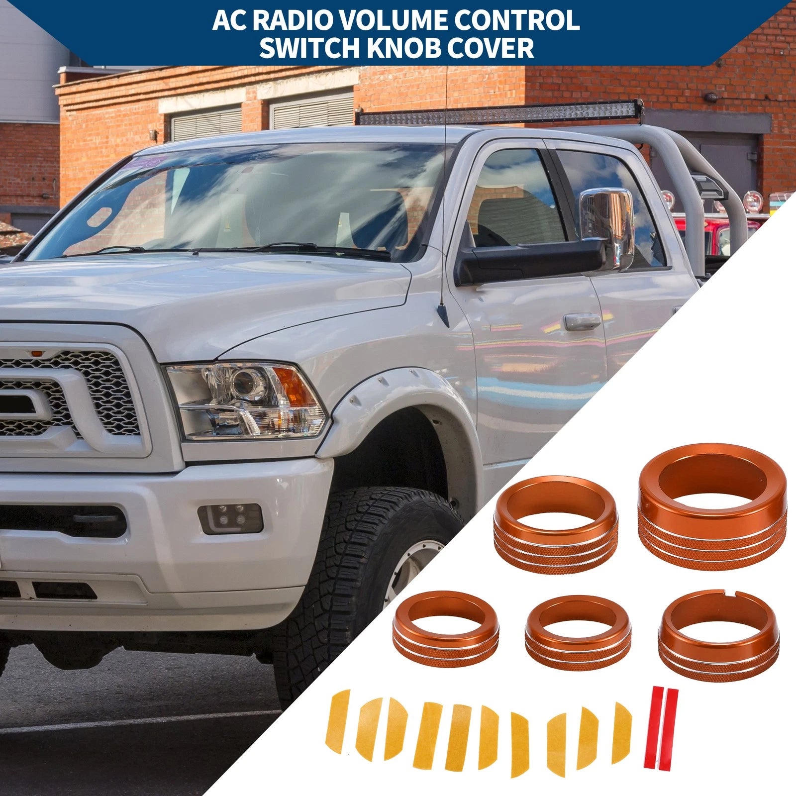 Set of 5 AC Gear Shift Headlight Media Knob Covers for Dodge RAM (2013–2017) Orange
