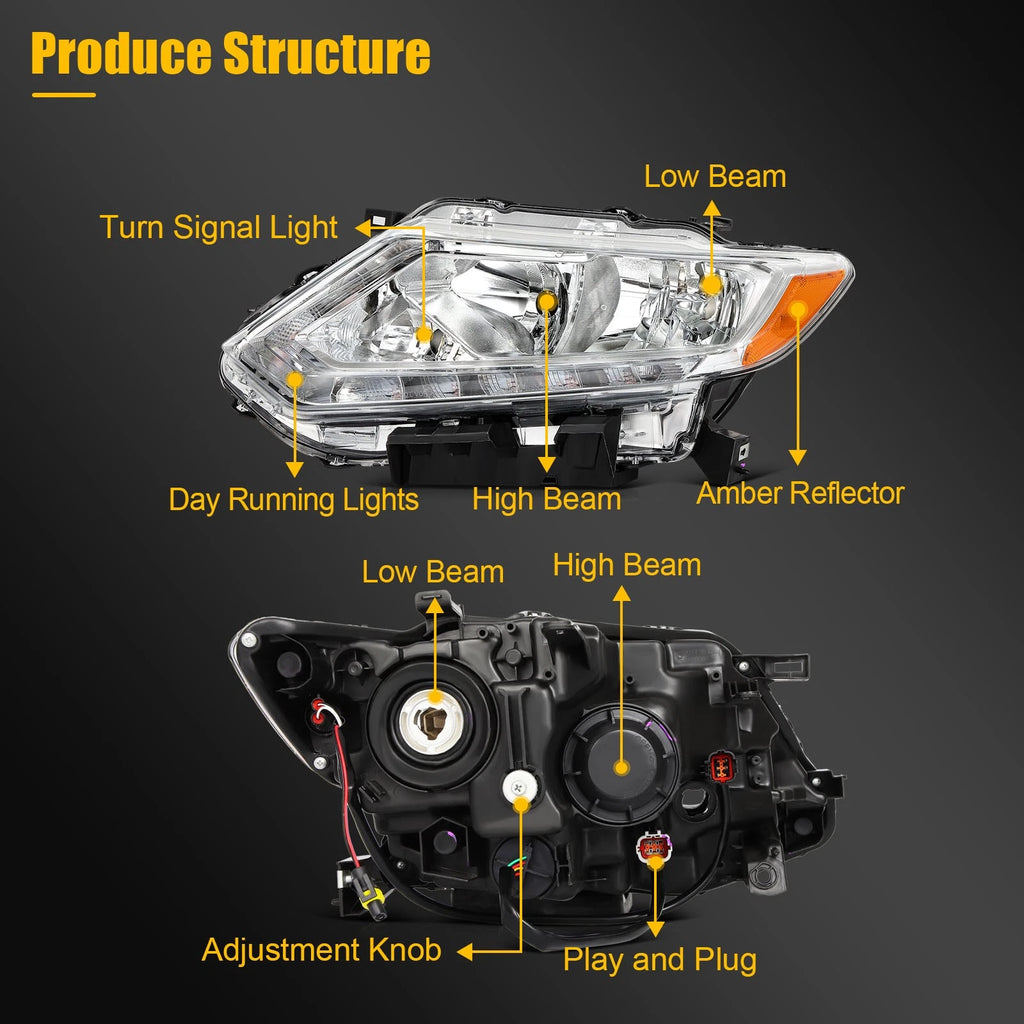 Set of 2 Headlight Assemblies for Nissan Rogue (2014–2016) Chrome Amber