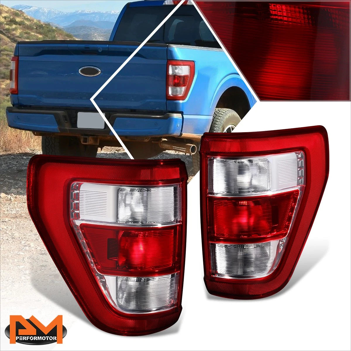 Set of 2 Tail Brake Lights for Ford F150 XL (2021–2024) Red Lens Chrome Housing