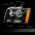 Pair of Black Housing Amber Corner Headlight Lamps for Chevy Tahoe Suburban (2007–2014)