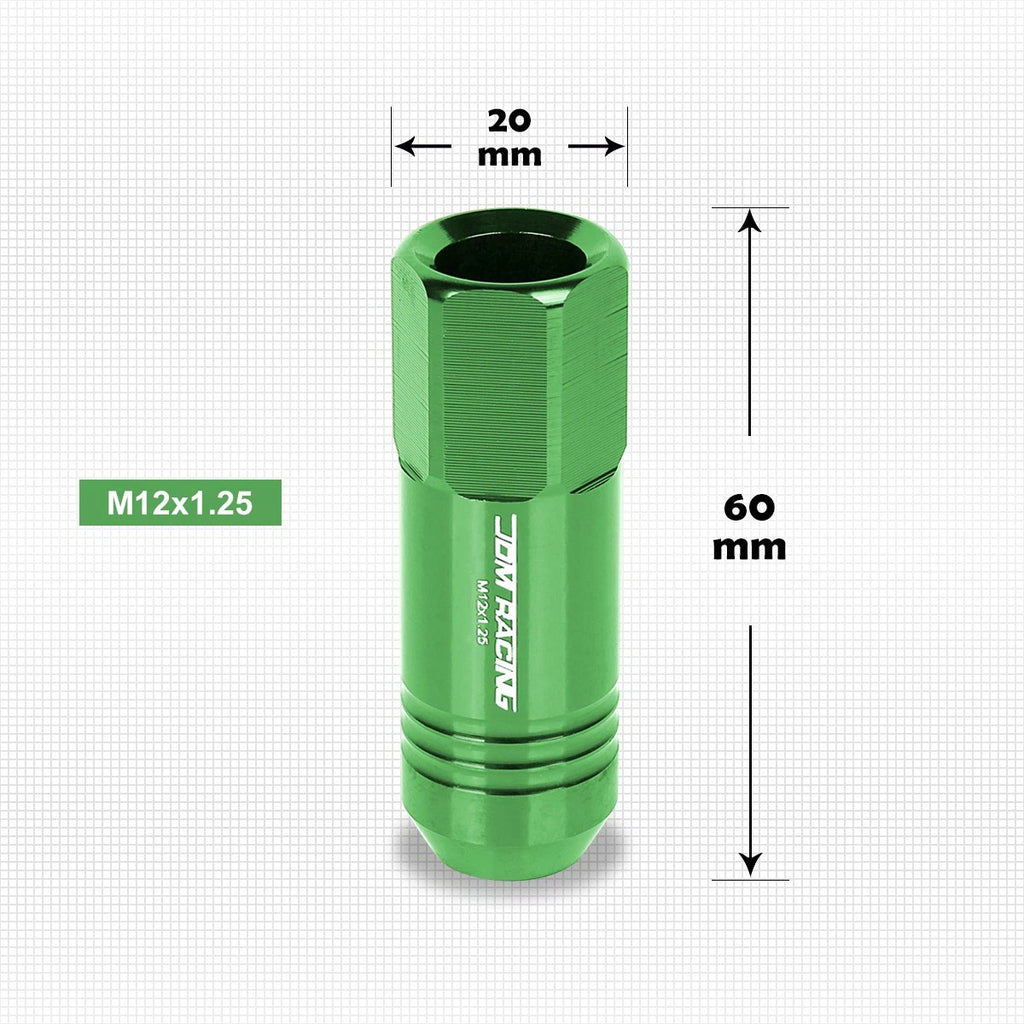 Set of 20 M12X1.25 Green JDM Open End Conical Hex Wheel Lug Nuts + Extension 20mm