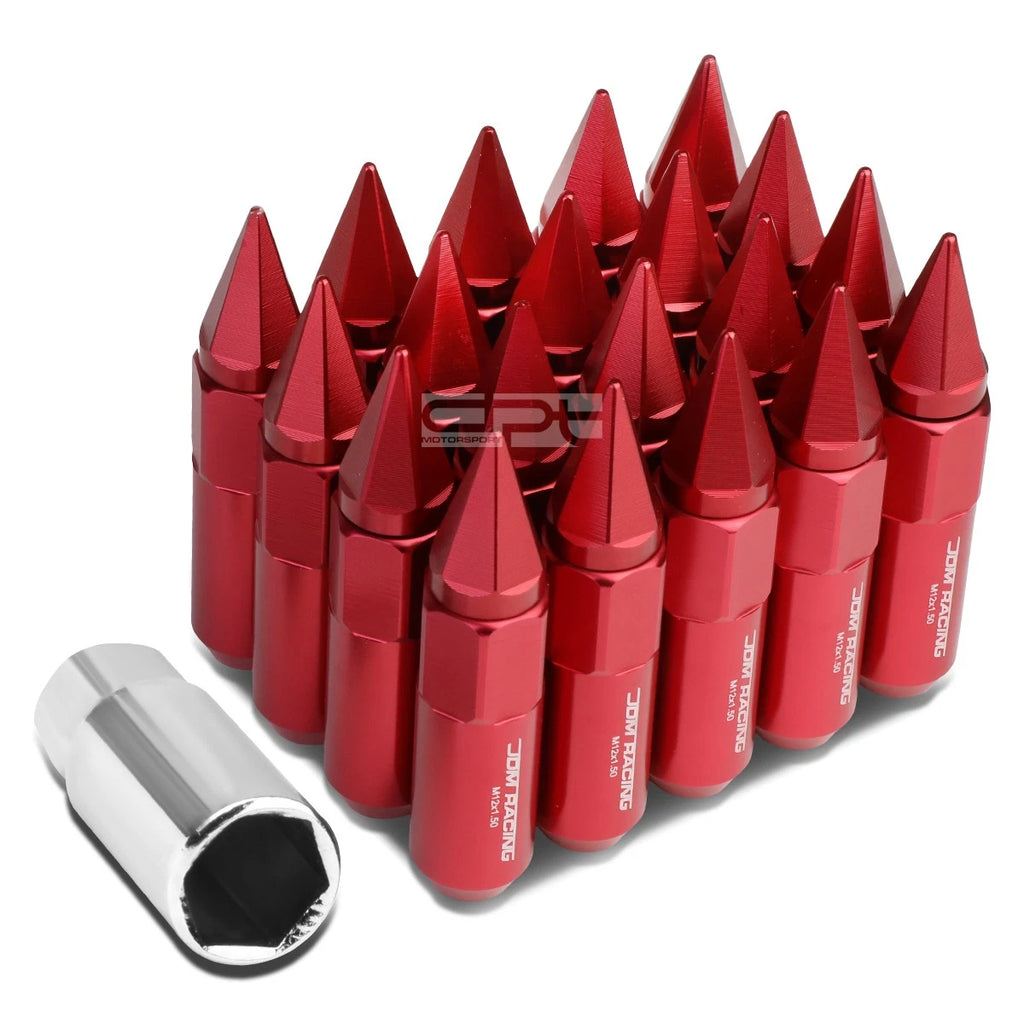 20 PCS M12X1.5 90MM Tall Red Aluminum Spiked Cap Lug Nuts + Adapter