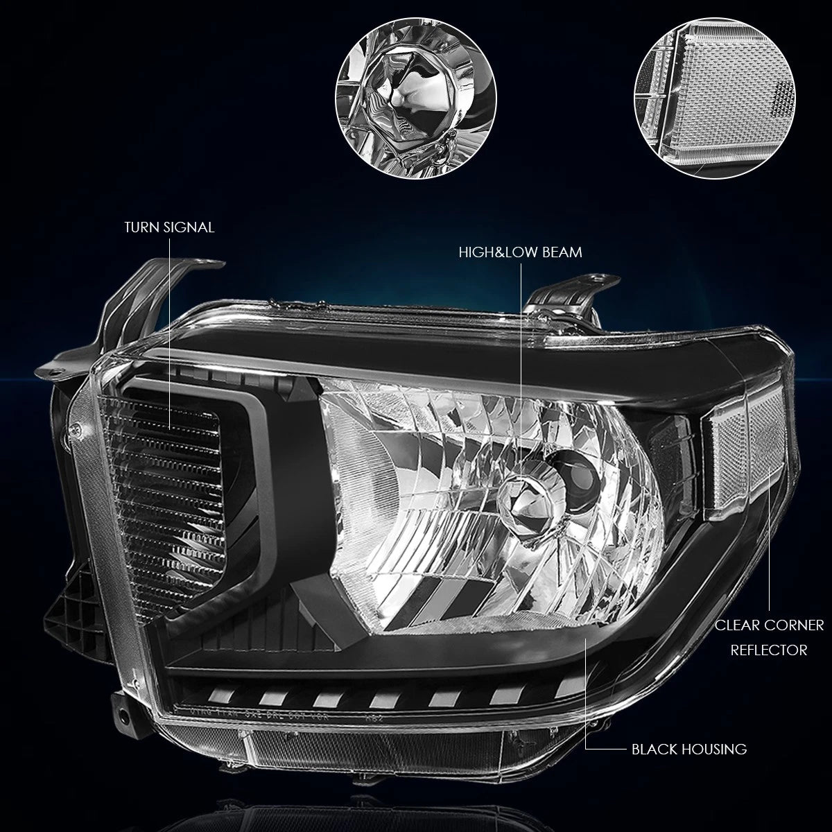 Headlight for Tundra Pickup (2014–2021) OE Replacement Black Housing Clear Corner