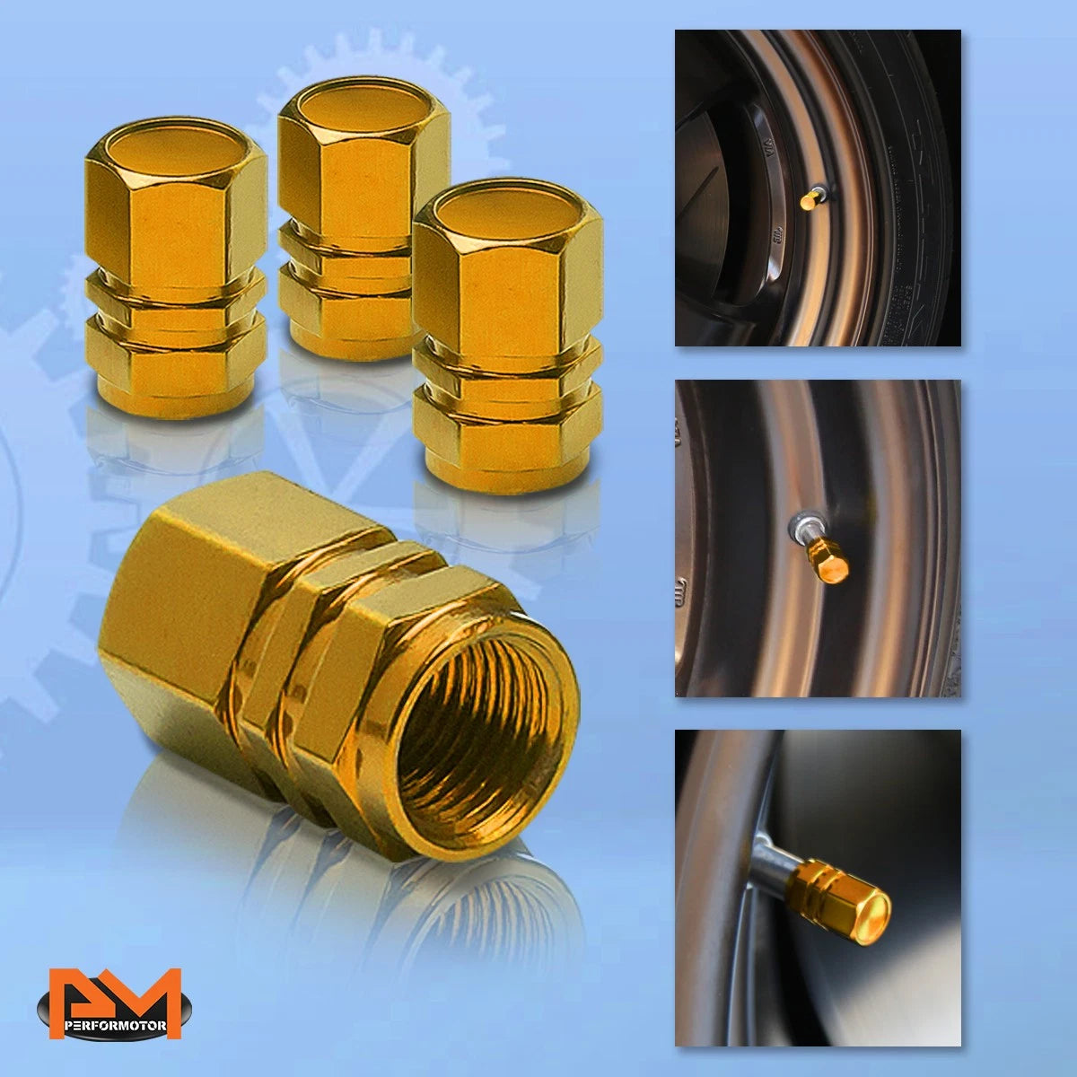 Set of 4 Gold Aluminum Tire Stem Caps for Universal Vehicles (Hexagon Style)