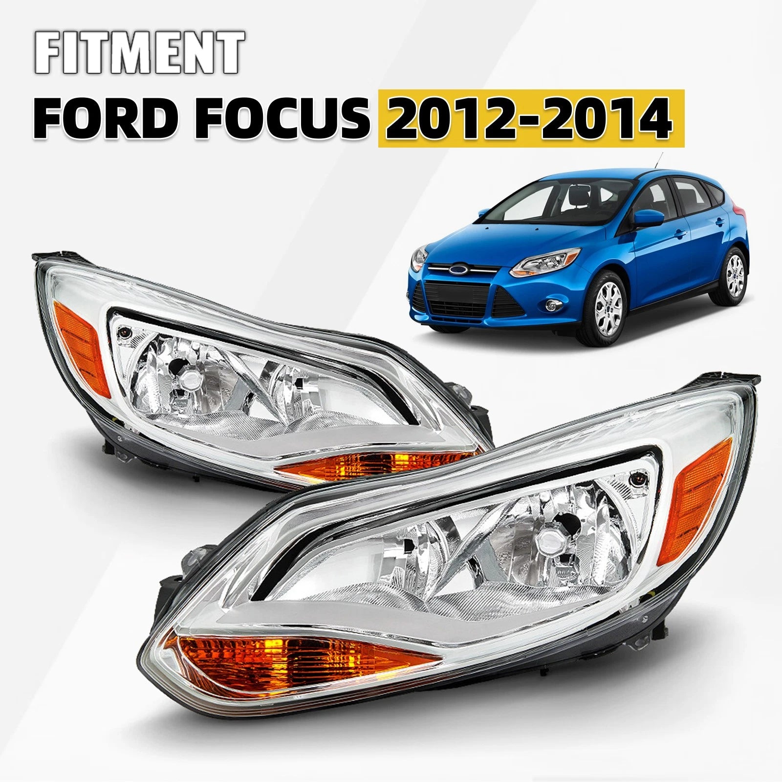 Halogen Headlight Set for Ford Focus (2012–2014) Chrome Driver+Passenger