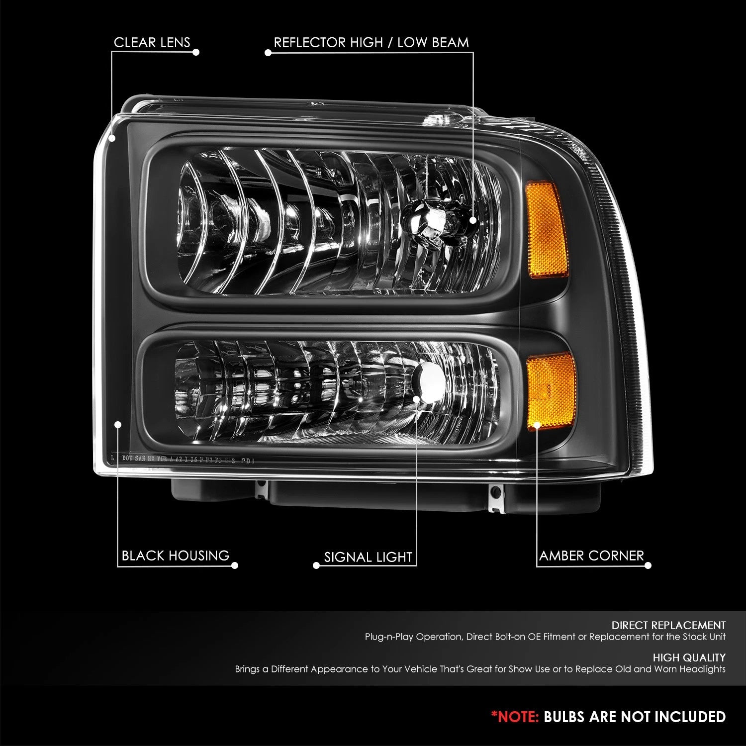 Headlight Lamps for Ford F-250 F-350 F-450 F-550 Super Duty (1999–2004) Black/Amber