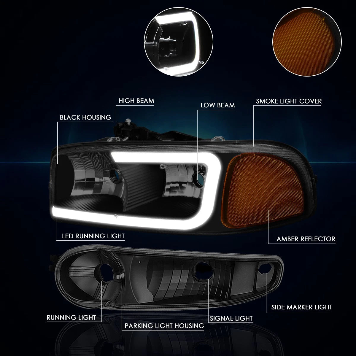 LED DRL Headlight Set for Yukon XL/Sierra Denali (2000–2006) w/ Bumper Lamps
