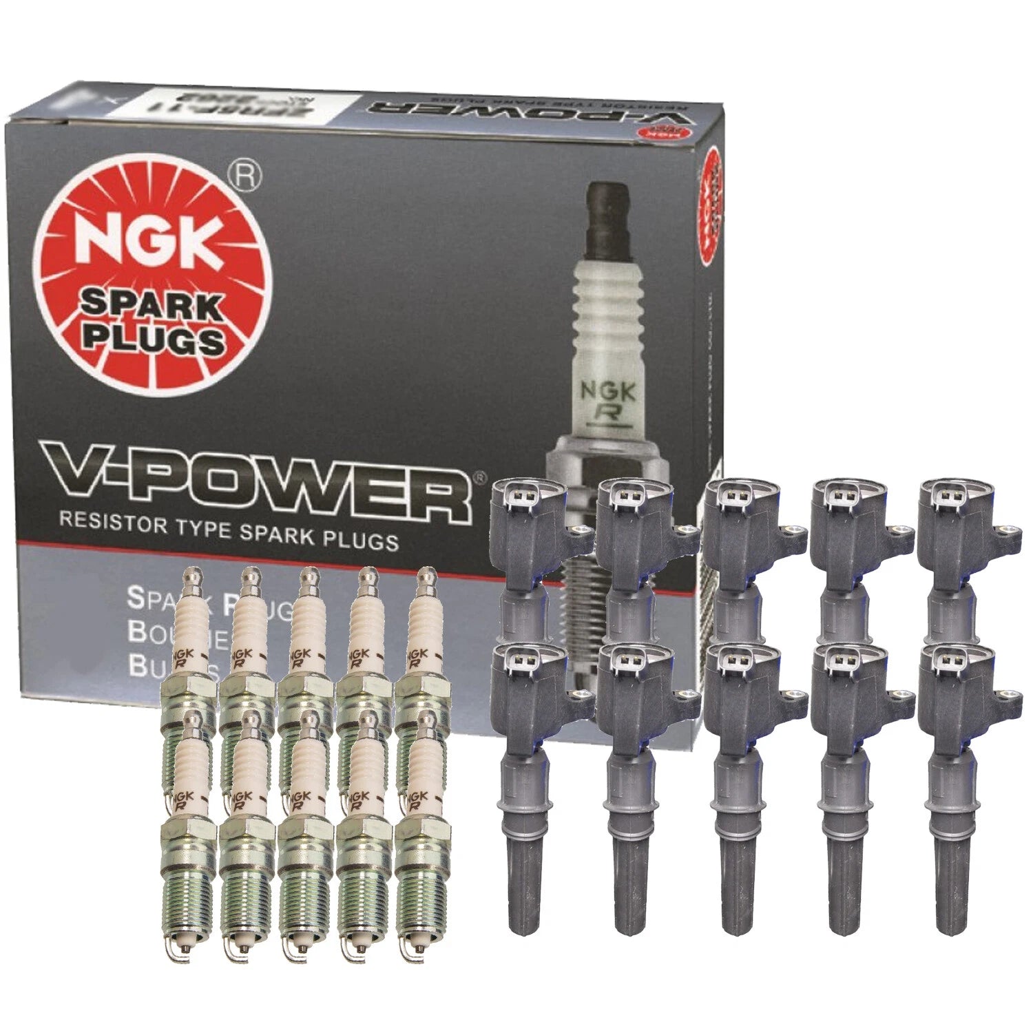 Set of 10 Ignition Coils & Spark Plugs for Ford 6.8 (Denso, NGK)
