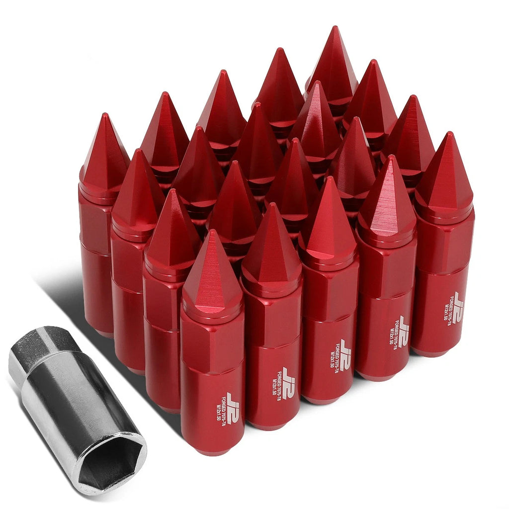 Set of 20 J2 7075 Forged Aluminum M12x1.5 Spiky Cap Lug Nuts with Adapter Red
