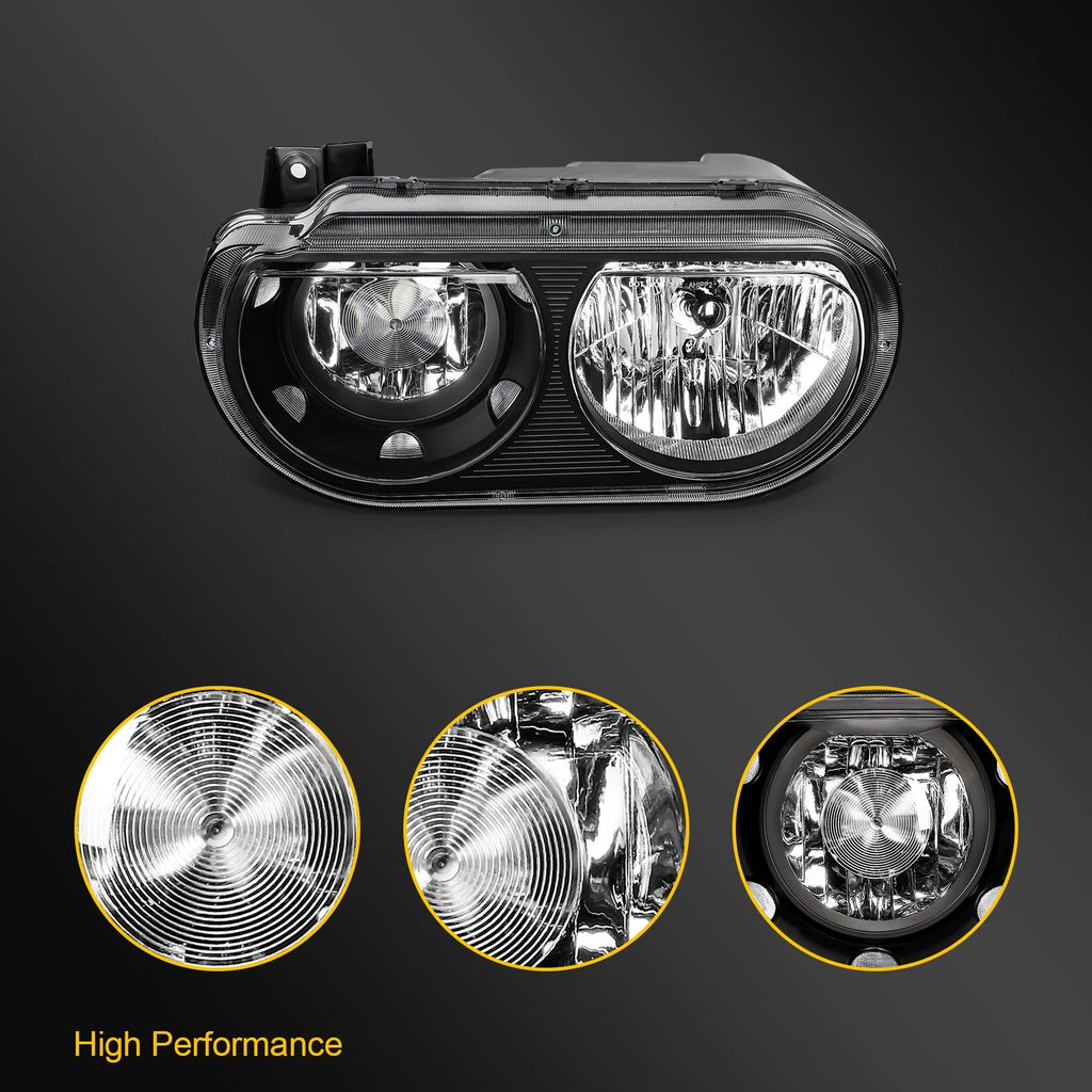 Set of 2 Headlight Assemblies for Dodge Challenger (2008–2014) Black Housing